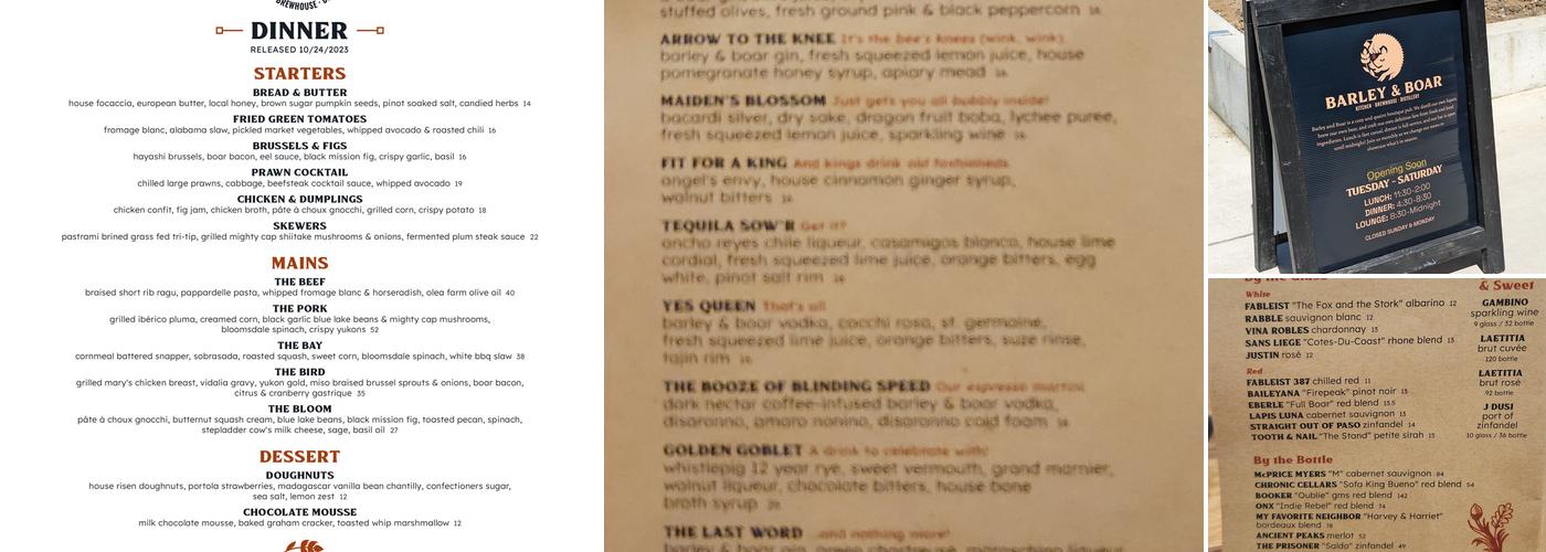 Barley and Boar - Restaurant • Brewhouse • Distillery Menu