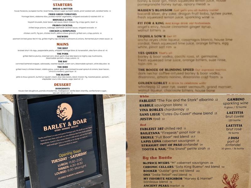 Barley and Boar - Restaurant • Brewhouse • Distillery Menu