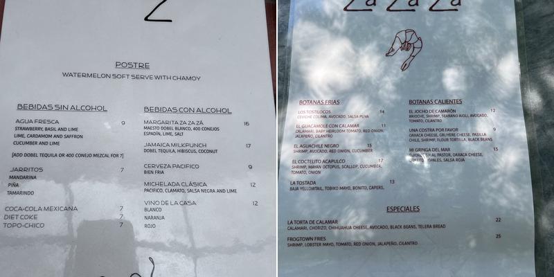 Mariscos Za Za Zá Menu