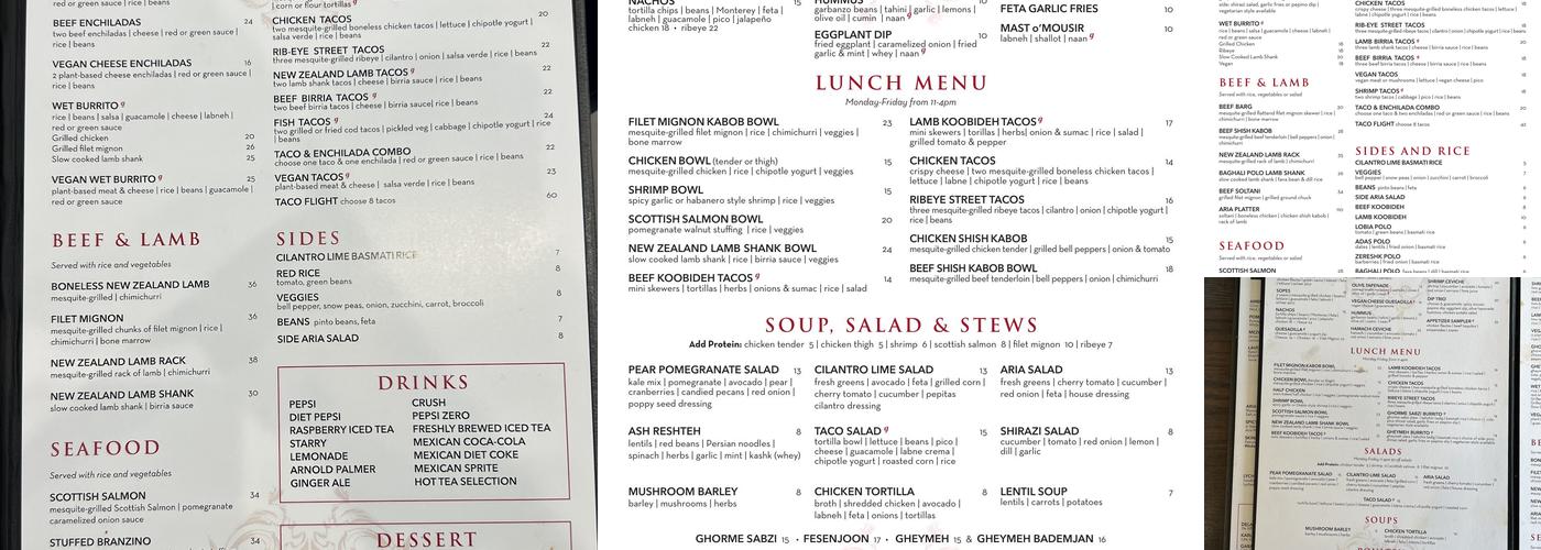 Aria Kitchen Menu