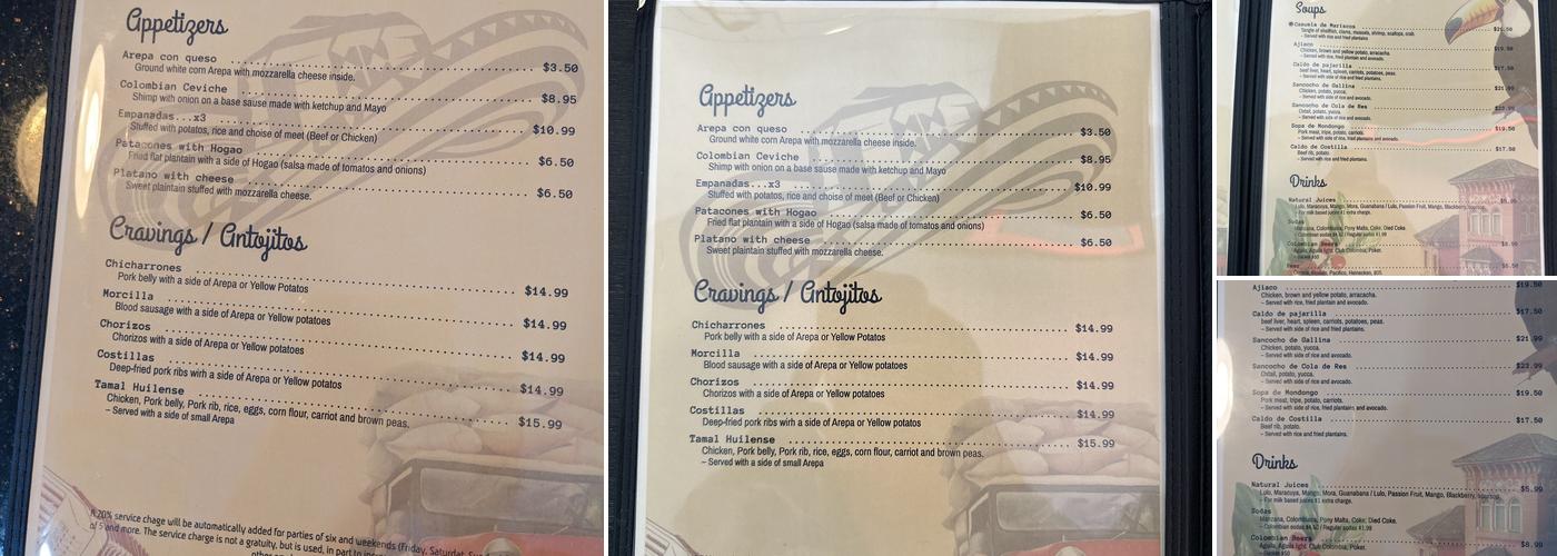 Fonda Colombiana Menu