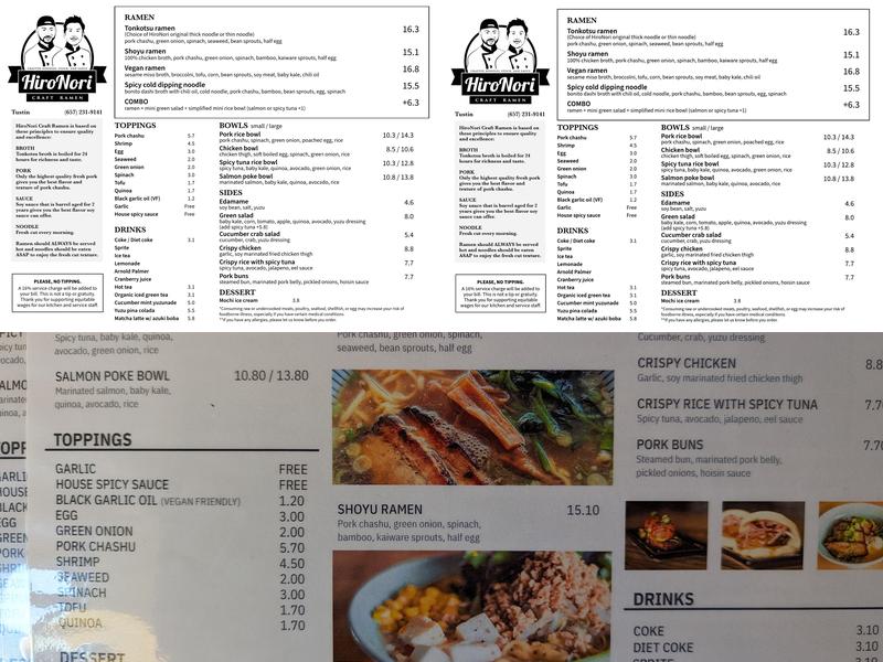 HiroNori Craft Ramen (Tustin) Menu