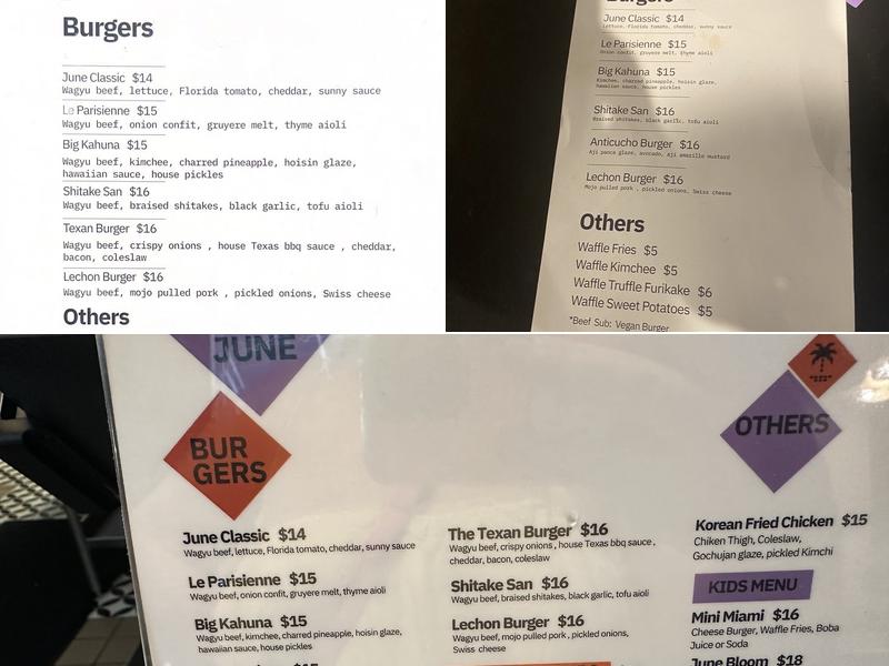 June Burgers Downtown Menu