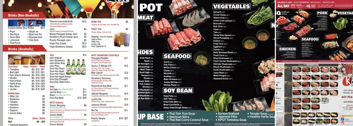 KPOT Korean BBQ & Hot Pot - Universal Studios Menu