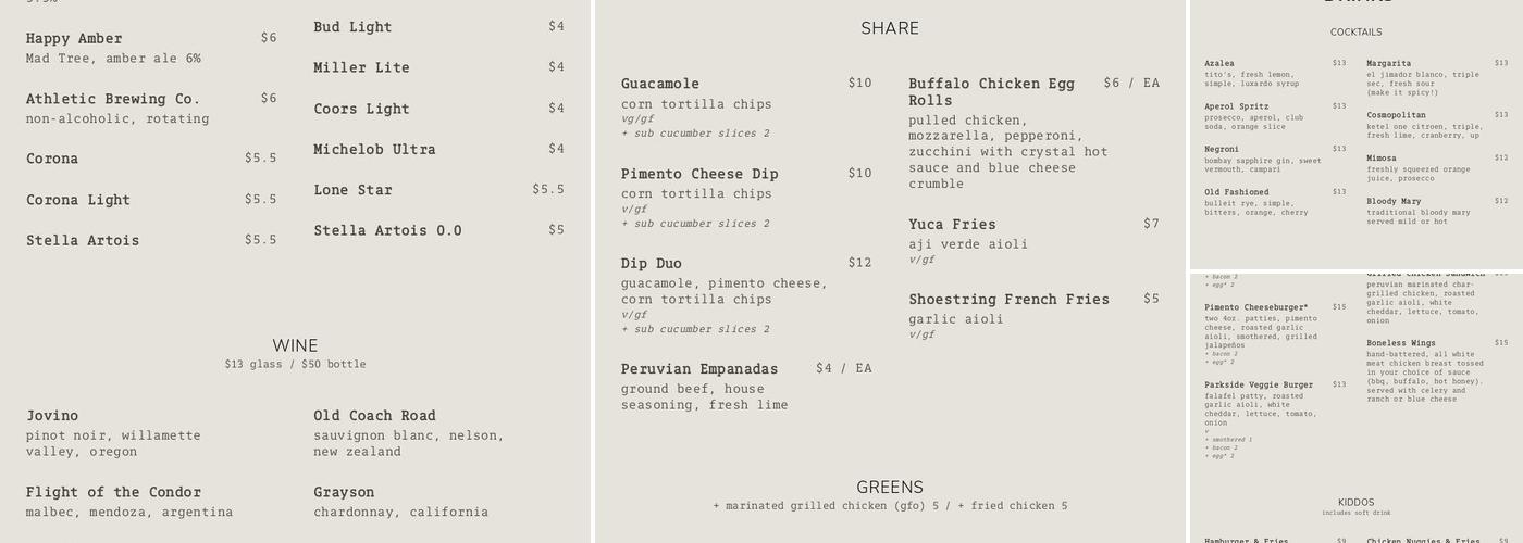 Parkside Hyde Park Square Menu