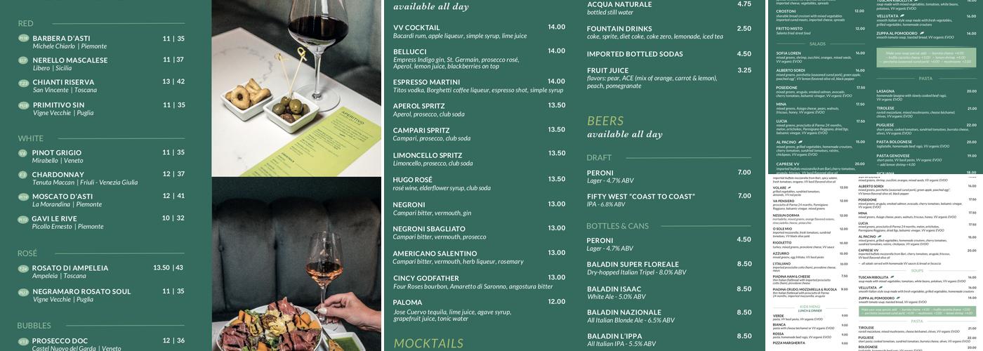 VV The Italian Experience Menu