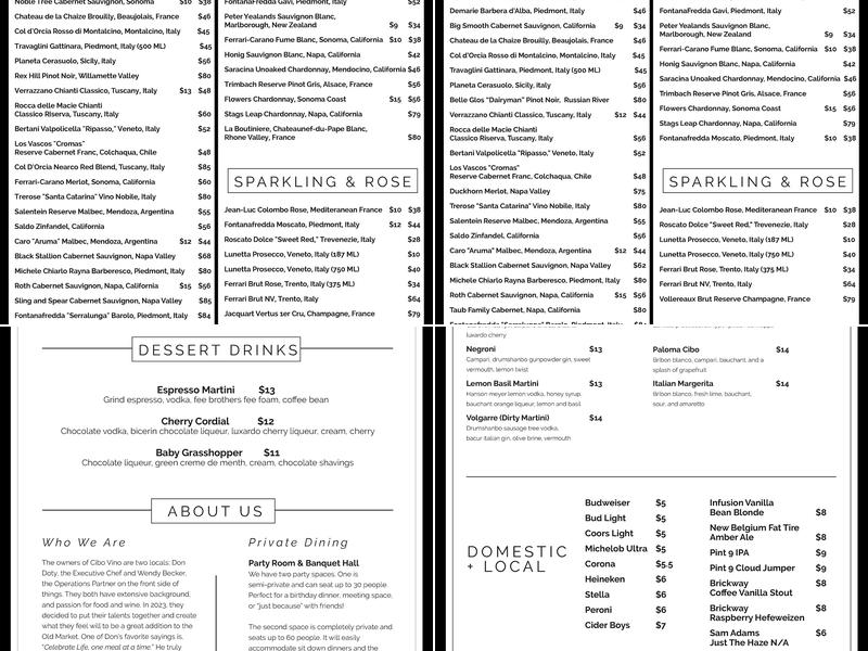 Cibo Vino Menu