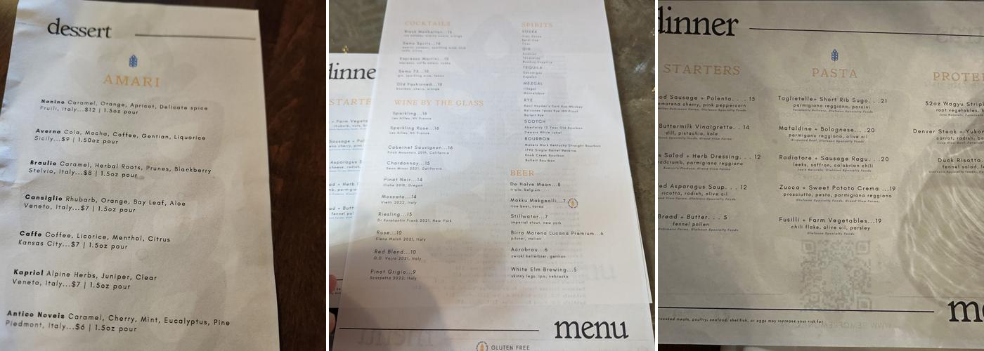 Semo Pasta + Wine Menu