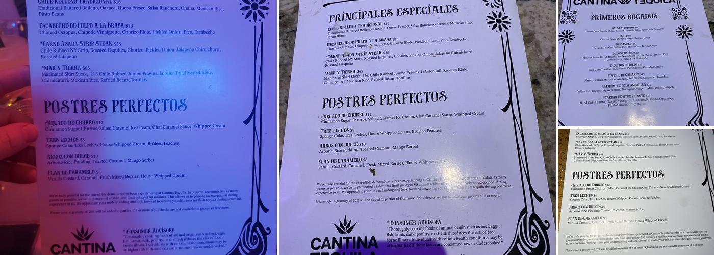Cantina Tequila Menu