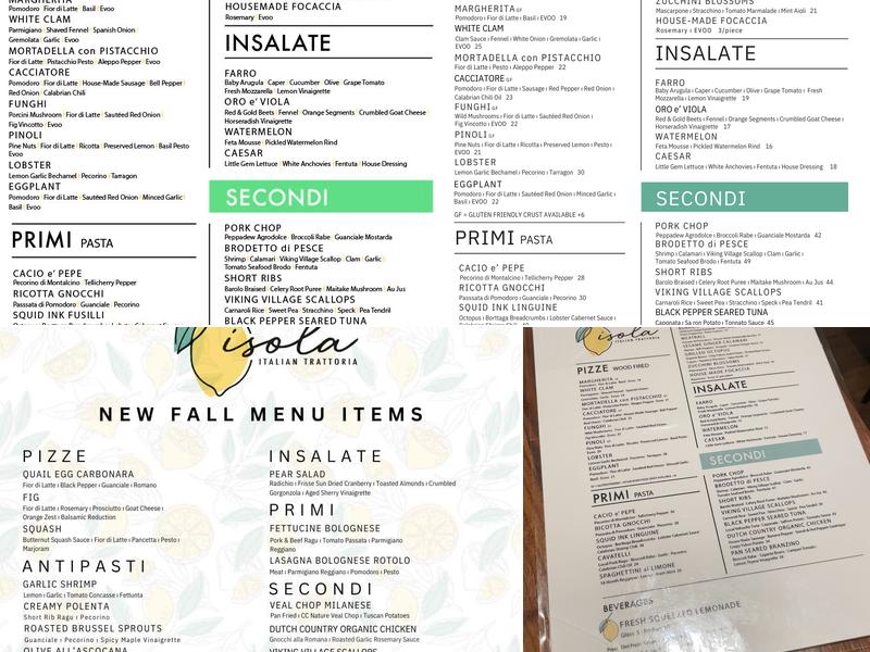 Isola Italian Trattoria Menu