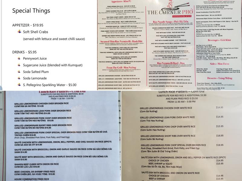 The Corner Pho Menu