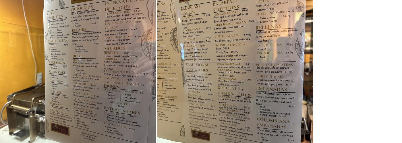 Toll Cuban Bakery Menu