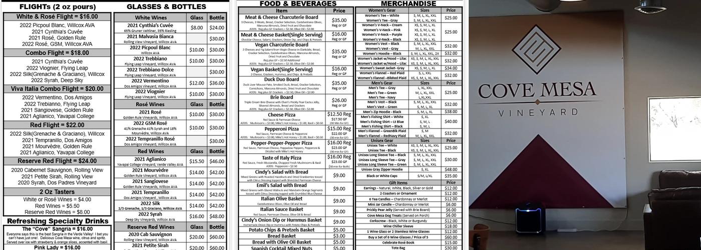 Cove Mesa Vineyard Winery Tasting Room Menu