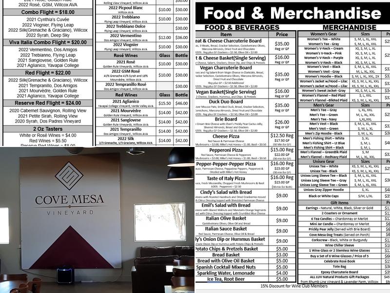 Cove Mesa Vineyard Winery Tasting Room Menu