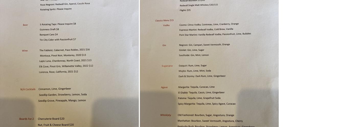 Redwall Distillery Menu