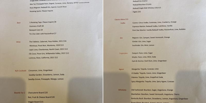 Redwall Distillery Menu