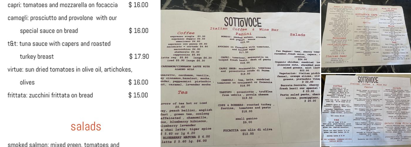 Sottovoce Cafe Menu