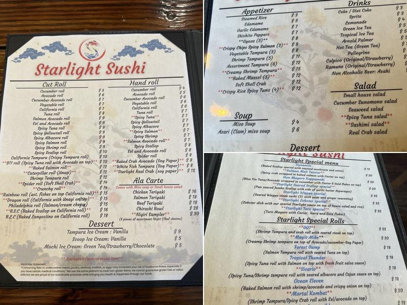 Starlight Sushi Menu