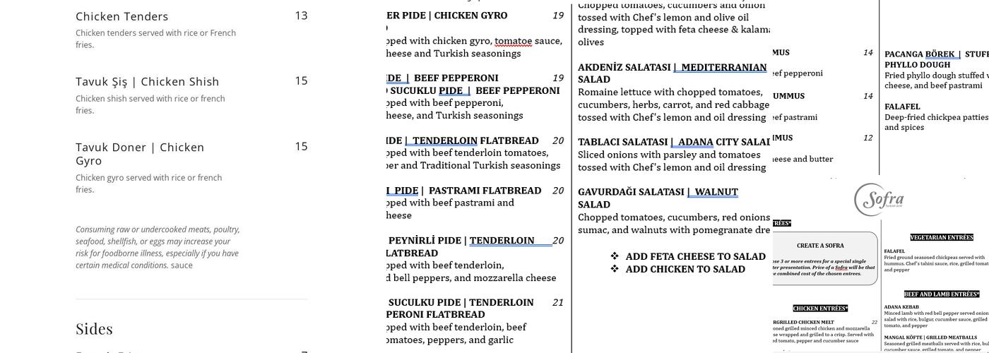 Sofra Turkish Grill Menu