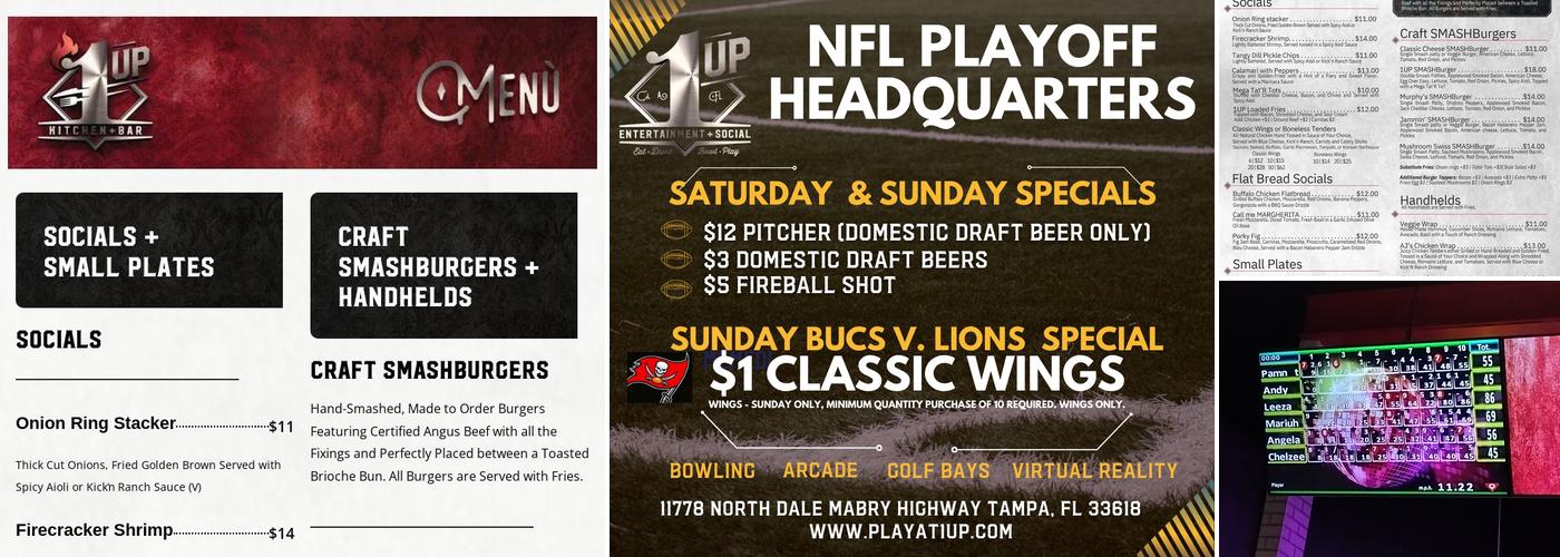 1UP Entertainment + Social- for social seekers and families to eat, drink, bowl, axe-throw, + experience VR! Menu