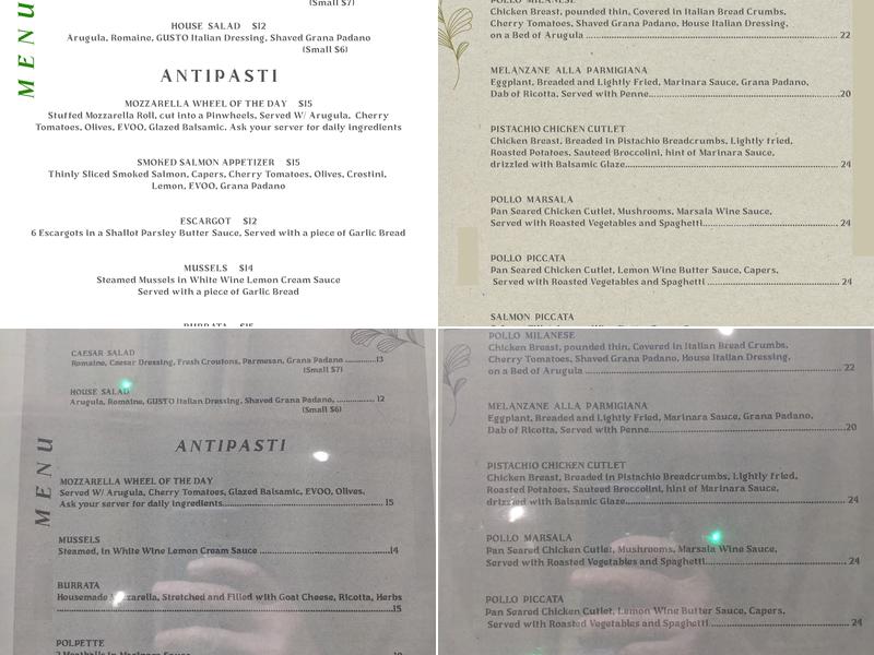 GUSTO Italian Restaurant Menu