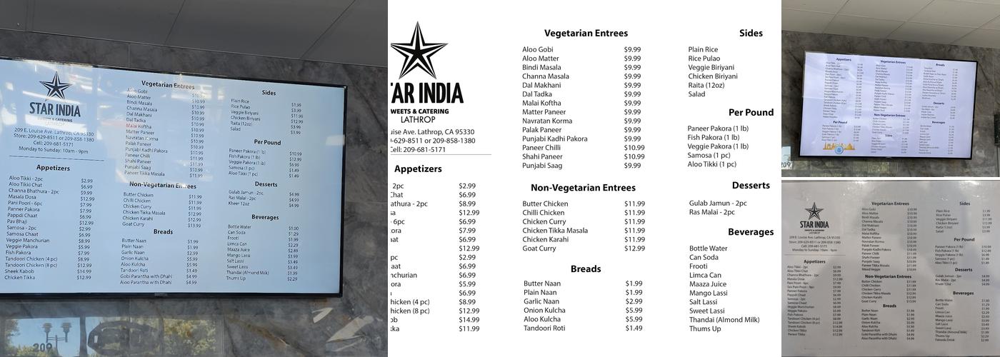 Star India Sweets & Catering Menu