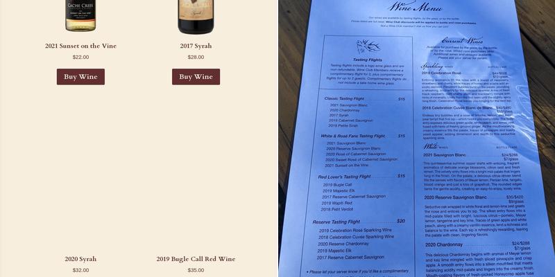 Cache Creek Vineyards and Winery Menu