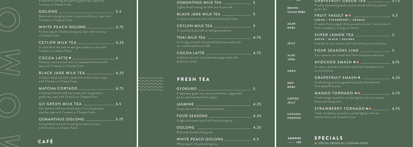 OMOMO Tea Shoppe Menu