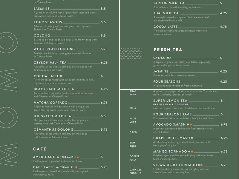 OMOMO Tea Shoppe Menu