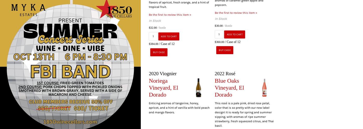 1850 Wine Cellars Tasting Room Menu