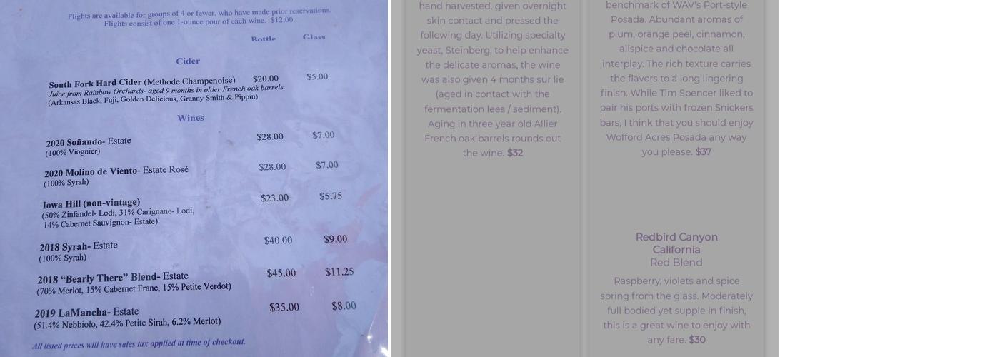 Wofford Acres Vineyards Menu