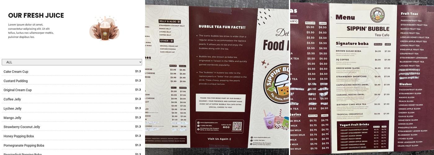 Sippin' Bubble Tea Café Menu