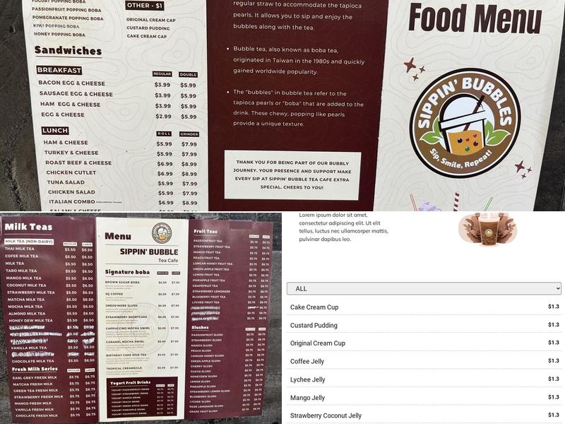 Sippin' Bubble Tea Café Menu