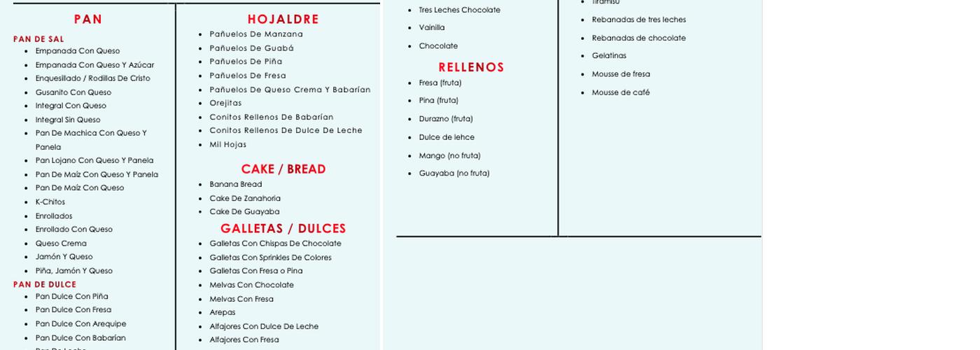 El Cisne Bakery Menu