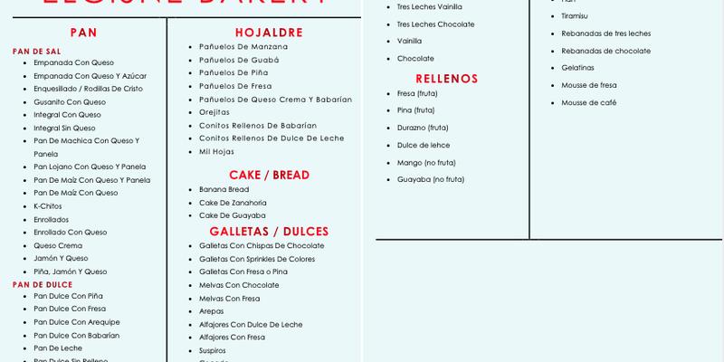 El Cisne Bakery Menu