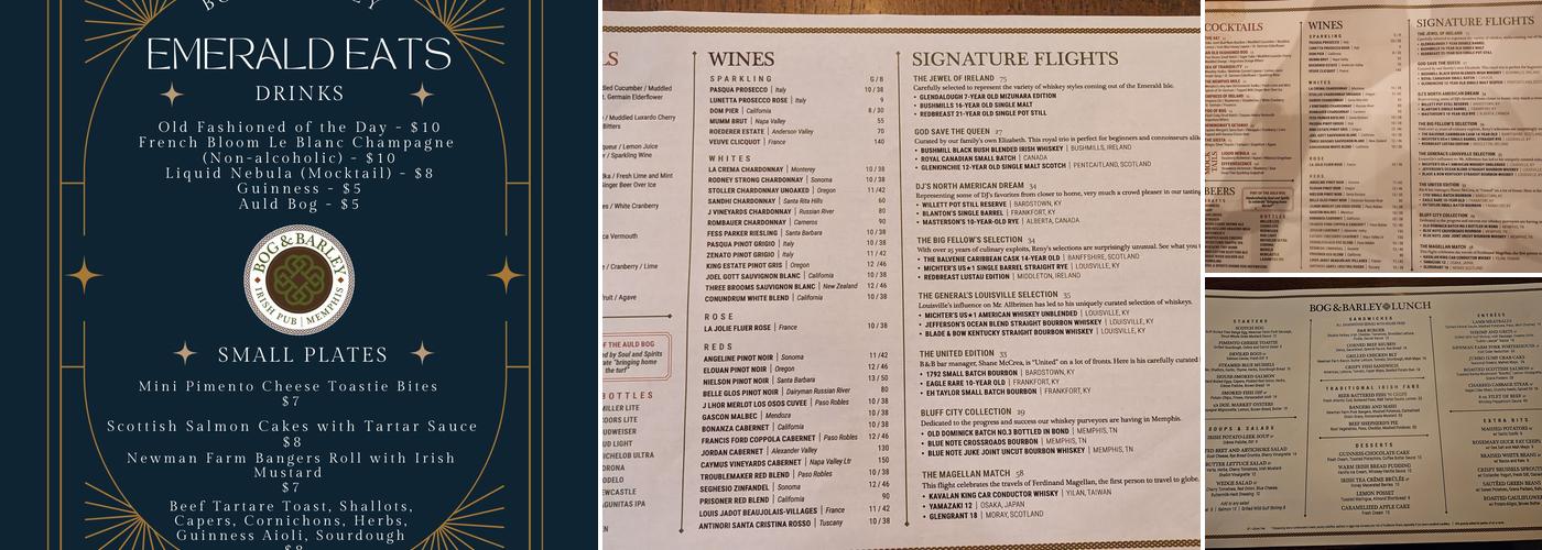 Bog & Barley Irish Pub Menu