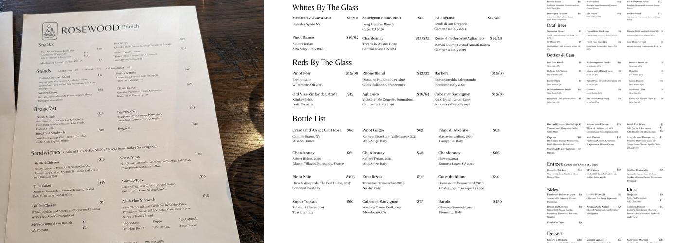 Rosewood Tahoe Menu
