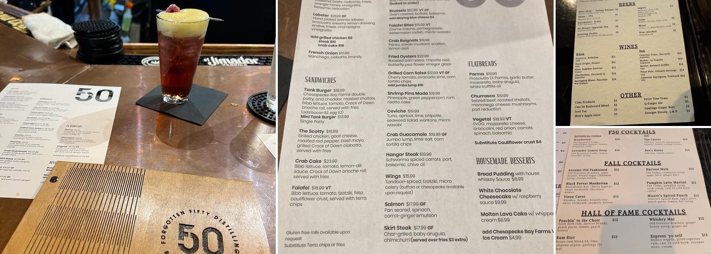 Forgotten 50 Distilling Menu