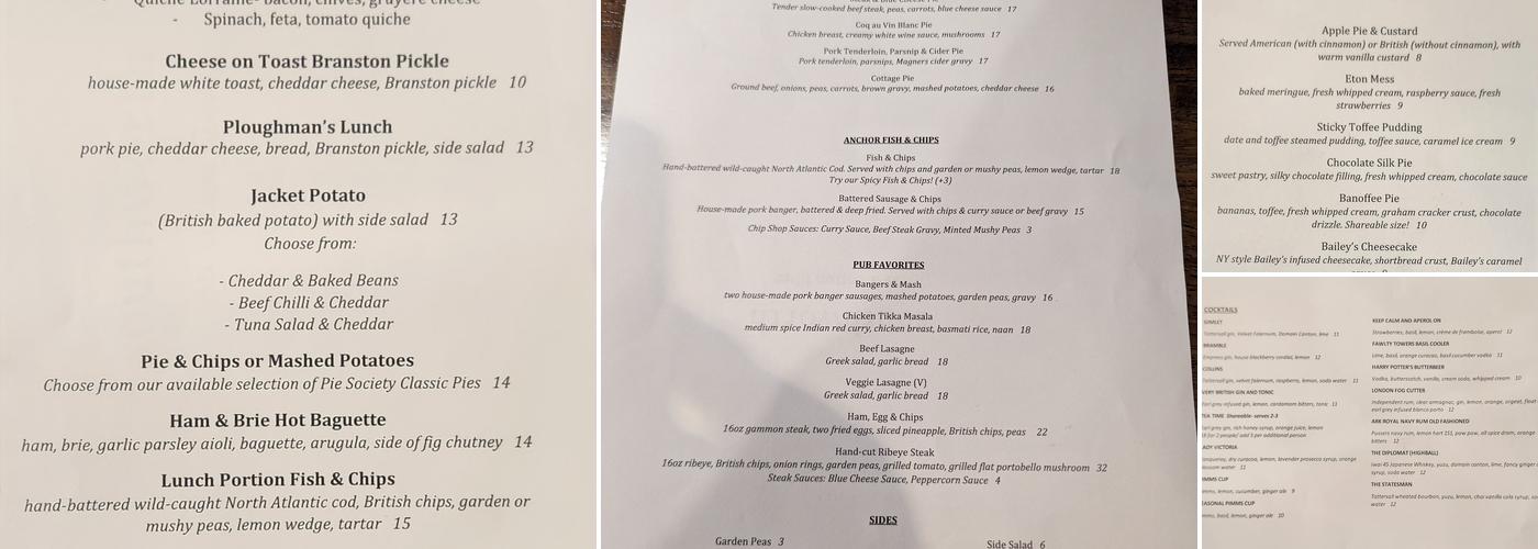 The Crown and Anchor Pub Menu