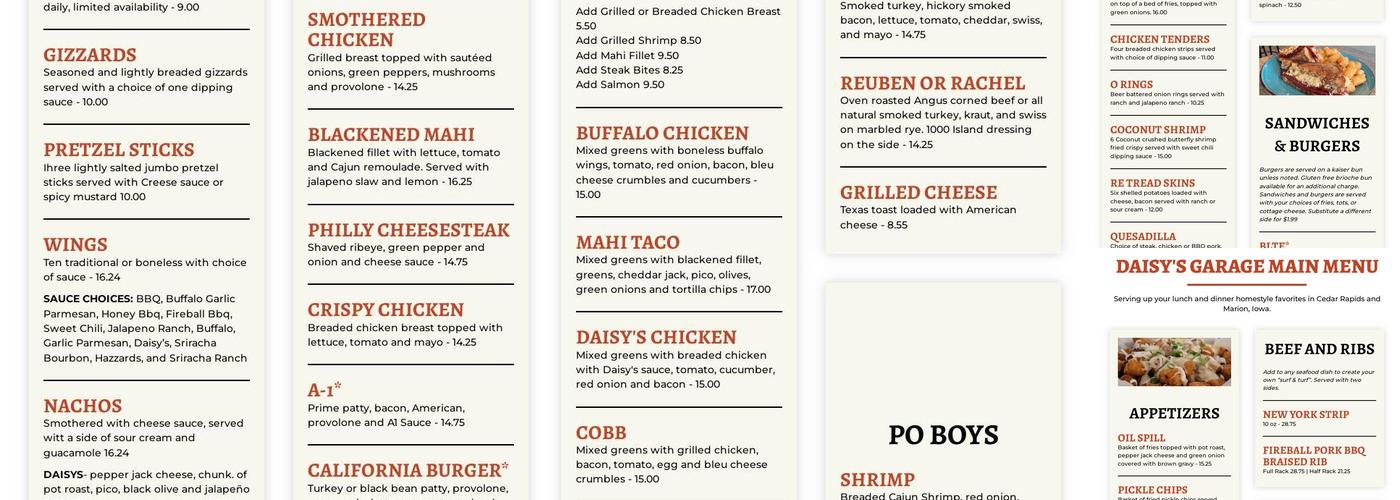 Daisy’s Garage Menu