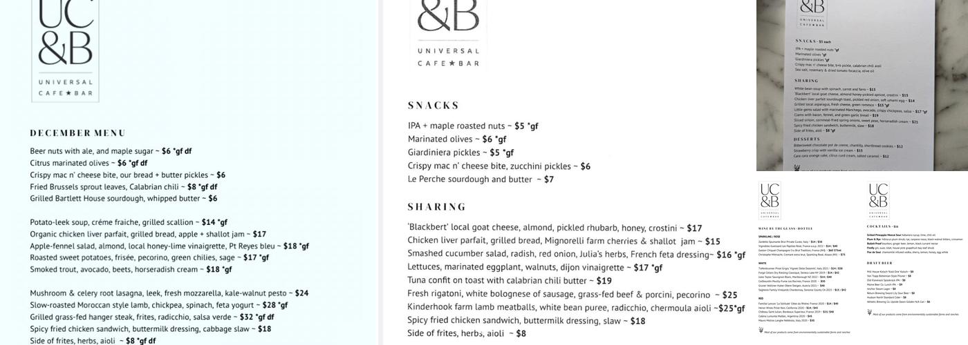 Universal Cafe & Bar Menu