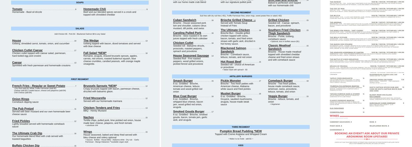 Artillery Brewing Menu