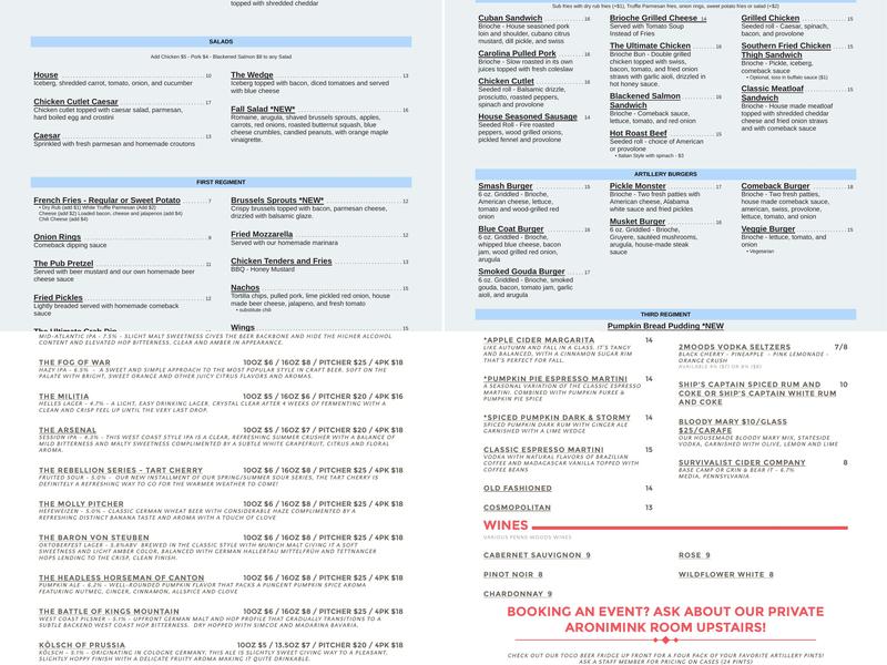 Artillery Brewing Menu