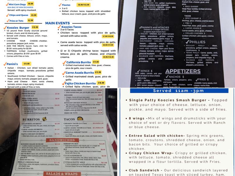 Koozies Sports Bar and Grill Menu