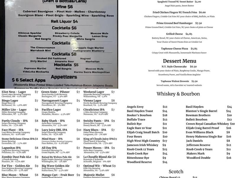 Potomac Taphouse Menu