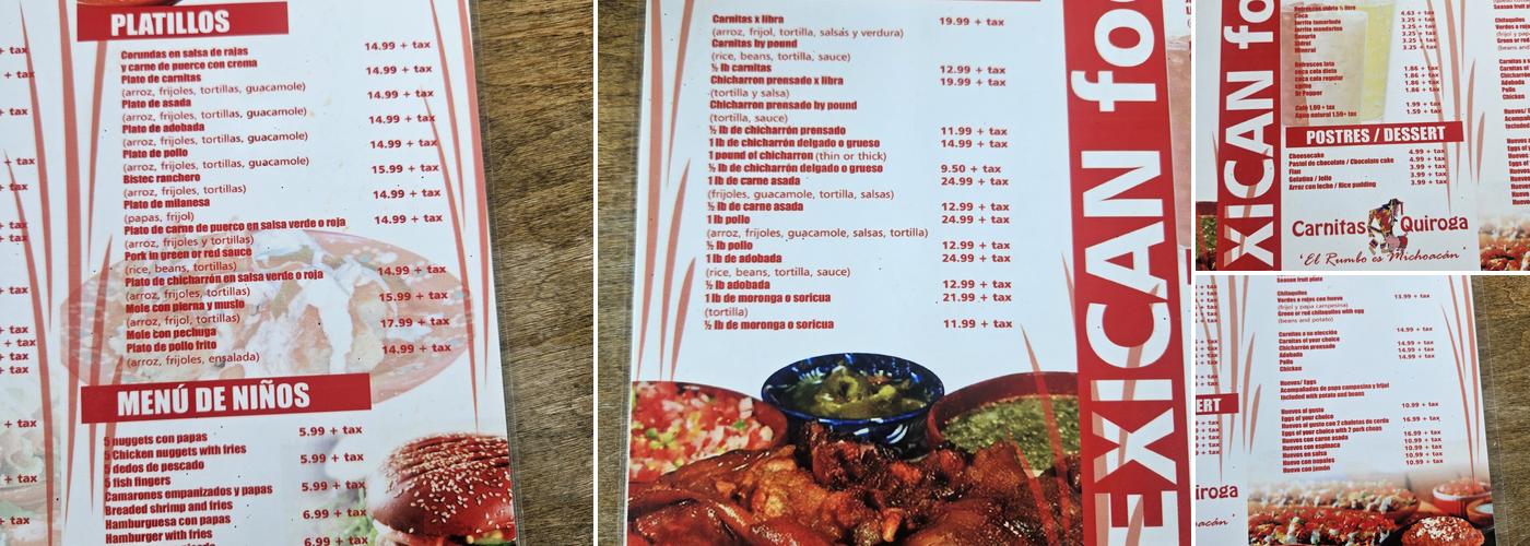 Carnitas Quiroga Menu