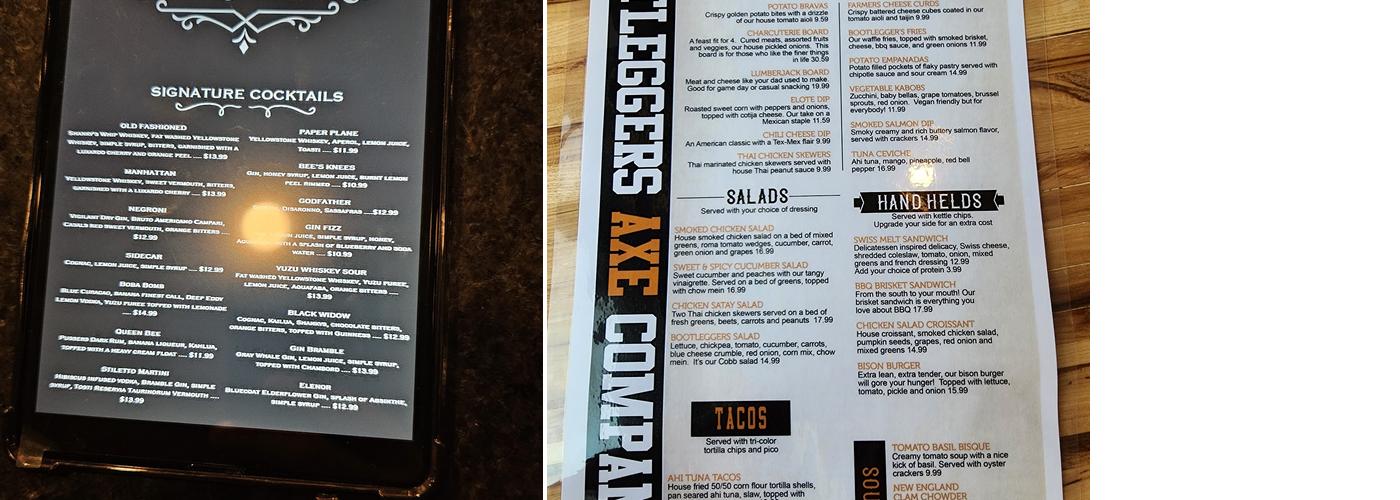 Bootlegger's Axe Co. Menu