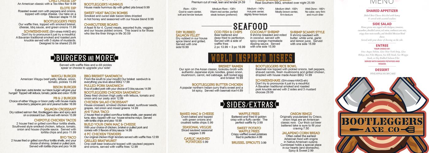 Bootlegger's Axe Co. Menu