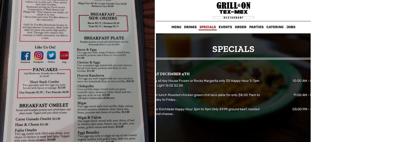 Grill On Tex Mex Restaurant Menu