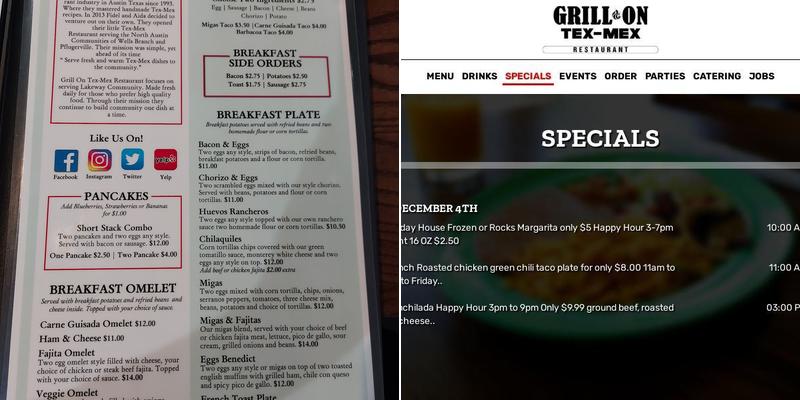 Grill On Tex Mex Restaurant Menu